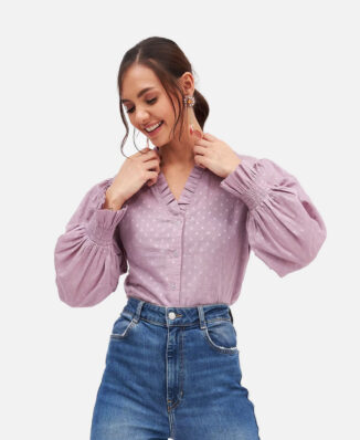 Women Pink Cotton Long Sleeve Crop Top
